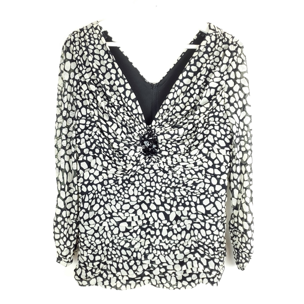 Tadashi Shoji large Fitted Ruched Blouse White Black Spotted Mesh over black